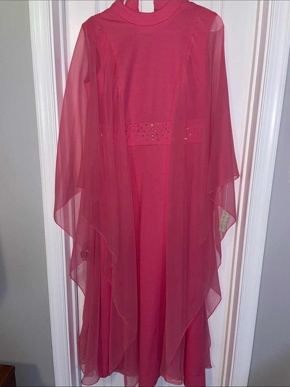 Elegant Red Evening Dress with Sheer Cape